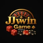 JJwin Game logo with golden text, roulette wheel, red dice, and poker chips on a black background.