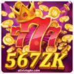 567ZK Game app interface showing slot machine game.