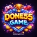 DONE55 Game colorful casino style logo with trophy, dice, controller and gold coins on dark background.