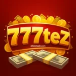 777TEZ Game logo with golden coins and cash bundles on a red background.