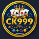 Logo of CK999 Game with golden crown, playing cards, dice, and colorful casino symbols on a royal blue background.