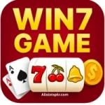WIN7 Game logo with golden text, playing cards, slot reel, and coins on a red background.