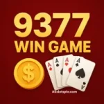 9377 Win Game logo with gold numbers, cards, and coin symbol on red background.