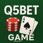 Q5Bet Game logo with bold white text, red poker chips, and playing cards on a green background.