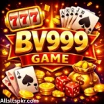 BV999 Game colorful logo with bold 3D golden letters, playing cards, dice, and coins on a dynamic digital background.