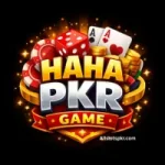 HAHA PKR Game logo with casino theme, featuring dice, poker cards, chips, and gold coins on a dark background.