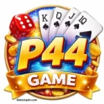 P44 Game logo with golden text, playing cards, dice, and shining coins.