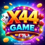 X44 Game colorful logo with bold 3D text and gaming elements on a modern digital background.
