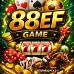 88EF Game logo with coins, cards, dice, and controller on a black background.