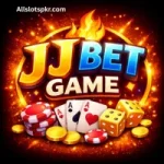 JJ BET Game logo with bright cards, poker chips, dice, and gold coins on a glowing background.