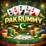 PAKRUMMY Game app icon showing playing cards, gold coins, poker chips, and a green Pakistani-themed background.