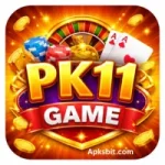 PK11 Game colorful logo with gold coins, playing cards, roulette wheel, and casino-style design for mobile gaming app.