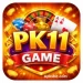 PK11 Game colorful logo with gold coins, playing cards, roulette wheel, and casino-style design for mobile gaming app.