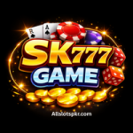 SK777 Game logo with golden 777 numbers, casino chips, dice, cards, and coins on black background.