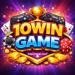 10WIN Game app icon with golden-yellow and blue text, featuring cards, dice, poker chips, coins, and game controllers on a vibrant purple and blue background.