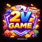 2V Game casino logo with black background, gold coins, dice, poker cards, and 777 slot machine design.