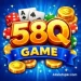 58Q Game logo with colorful gaming elements including cards, dice, poker chips, and coins on a vibrant blue background.