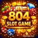 804 SLOT Game logo with slot machine, gold coins, poker chips, dice, cherries, and diamond, vibrant and colorful design.