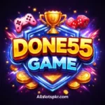 DONE 55 Game stylish gaming logo with golden text, blue shield background and casino theme icons