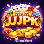JJJPK Game logo with golden letters, colorful poker chips, dice, cards, and coins on a glowing dark background.JJJPK Game logo with golden letters, colorful poker chips, dice, cards, and coins on a glowing dark background.