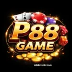 Modern P88 Game logo with golden lettering and gaming icons on black background.