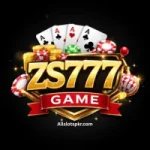 ZS777 Game logo on black background with casino cards, coins, and chips.