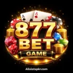 877BET Game logo with shiny gold letters and casino icons on dark background.