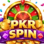 PKR SPIN Game logo with black background, colorful roulette wheel, and shining coins.