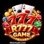 R777 Game logo with golden 777, playing cards, dice, and poker chips on a bright casino-themed background.