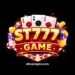 ST777 Game mobile app logo with black background, golden 3D text, and colorful casino elements like cards, chips, and coins.