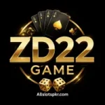 ZD22 Game logo with golden text, playing cards, and dice on black background.